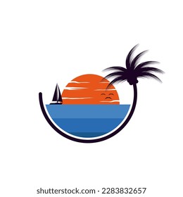 Beach logo design vector, nature tropical beach outdoor logo for holiday, vacation, travel agency vector illustration
