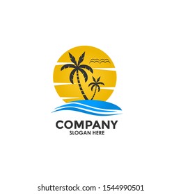 Beach logo design Vector, Beach, palm and Sunset vector template