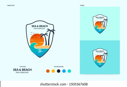 Beach logo with flowing wave, Creative sea logotype with sunset view