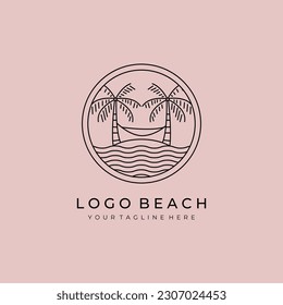 beach logo hammock and palm tree line icon vector minimal illustration design