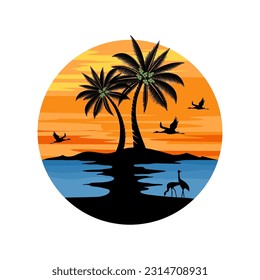 diseño inspirado en el logotipo de la playa. playa, palmeras y puesta de sol.