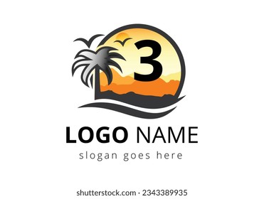 Beach Logo On Letter 3 Vector Sign. Sunset Summer Travel Logo Beach, Sea, Sunset Logo Design Vector Template.