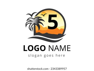 Beach Logo On Letter 5 Vector Sign. Sunset Summer Travel Logo Beach, Sea, Sunset Logo Design Vector Template.