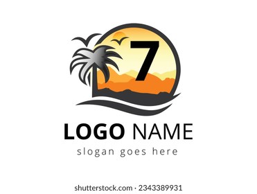 Beach Logo On Letter 7 Vector Sign. Sunset Summer Travel Logo Beach, Sea, Sunset Logo Design Vector Template.