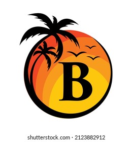 Beach Logo On Letter B Vector Sign. Summer Vacation On Tropical Beach with B Logotype. Sunset Summer Travel Logo Beach, Sea, Sunset Logo Design Vector Template