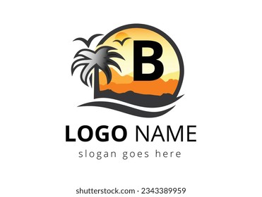 Beach Logo On Letter B Vector Sign. Sunset Summer Travel Logo Beach, Sea, Sunset Logo Design Vector Template.