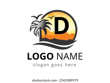 Beach Logo On Letter D Vector Sign. Sunset Summer Travel Logo Beach, Sea, Sunset Logo Design Vector Template.