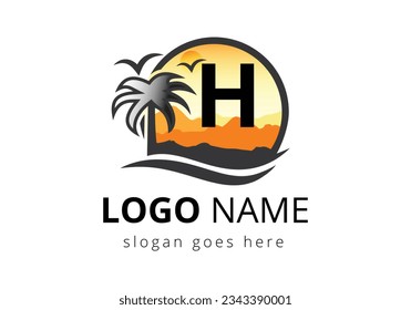 Beach Logo On Letter H Vector Sign. Sunset Summer Travel Logo Beach, Sea, Sunset Logo Design Vector Template.
