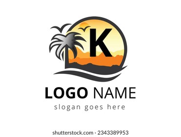 Beach Logo On Letter K Vector Sign. Sunset Summer Travel Logo Beach, Sea, Sunset Logo Design Vector Template.