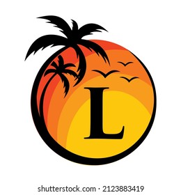 Logotipo De Playa En La Letra L Vector Sign. Vacaciones veraniegas en playa tropical con Logotipo L. Plantilla de vectores de diseño de logotipo de verano de verano de verano de playa, mar