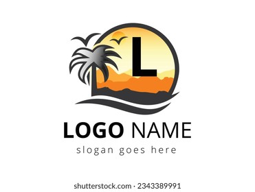Beach Logo On Letter L Vector Sign. Sunset Summer Travel Logo Beach, Sea, Sunset Logo Design Vector Template.