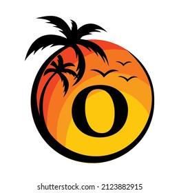 Beach Logo On Letter O Vector Sign. Summer Vacation On Tropical Beach with O Logotype. Sunset Summer Travel Logo Beach, Sea, Sunset Logo Design Vector Template