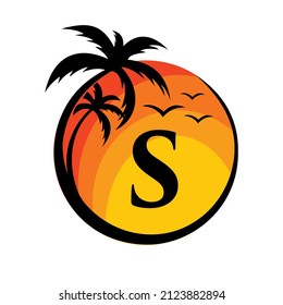 Beach Logo On Letter S Vector Sign. Summer Vacation On Tropical Beach with S Logotype. Sunset Summer Travel Logo Beach, Sea, Sunset Logo Design Vector Template