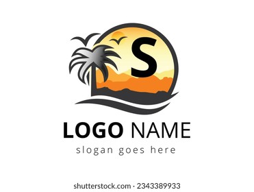 Beach Logo On Letter S Vector Sign. Sunset Summer Travel Logo Beach, Sea, Sunset Logo Design Vector Template.