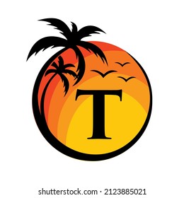 Beach Logo On Letter T Vector Sign. Summer Vacation On Tropical Beach with T Logotype. Sunset Summer Travel Logo Beach, Sea, Sunset Logo Design Vector Template