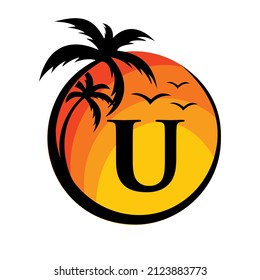 Beach Logo On Letter U Vector Sign. Summer Vacation On Tropical Beach with U Logotype. Sunset Summer Travel Logo Beach, Sea, Sunset Logo Design Vector Template