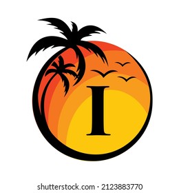Beach Logo On Letter I Vector Sign. Summer Vacation On Tropical Beach with I Logotype. Sunset Summer Travel Logo Beach, Sea, Sunset Logo Design Vector Template