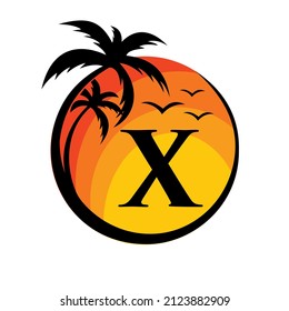 Logotipo De Playa En El Signo Del Vector Letra X. Vacaciones veraniegas en playa tropical con logotipo X. Plantilla de vectores de diseño de logotipo de verano de verano de verano de playa, mar