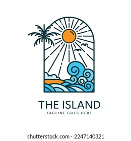 beach logo on tropical island with palm trees and ocean waves