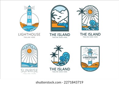 beach logo on tropical island with palm trees and sunset ocean waves, lighthouse badge vector illustration