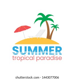 Beach logo on white backdrop. Flat holiday logotype. Time to travel concept. Sun lounger and beach umbrella. Island and palm trees. Vector illustration.
