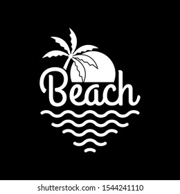 Beach logo with palm tree, sun and sea or ocean. Tropical T-shirt typography design. Apparel graphic. Vector illustration.