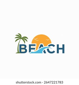 Beach logo with palm tree, sun, and blue wave