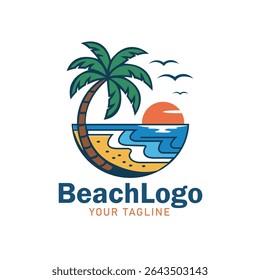 Beach Logo with Palm Tree, Sunset, and Ocean Waves	

