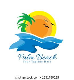 Beach Logo And Palm Tree With Sunsets and Birds