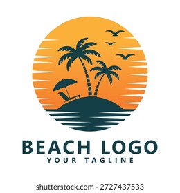 Logotipo da praia com palmeiras e pôr do sol ícone símbolo das férias tropicais