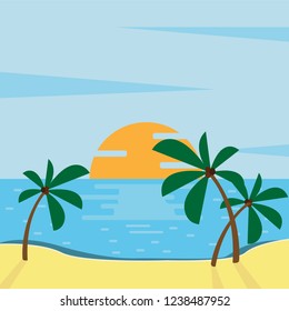 beach logo with sea wave coconut leaf and sun vector set design. Summer beach illustration abstract sun and palm tree on seaside