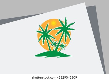 The beach logo with sea wave , coconut leaf , boat and sun vector set design