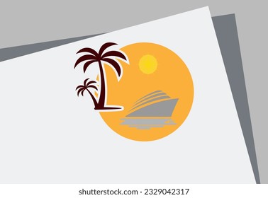 The beach logo with sea wave , coconut leaf , boat and sun vector set design