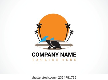 El logo de la playa con la ola marina, palmeras, Surf Board, Sunset y la ilustración vectorial de la tortuga.