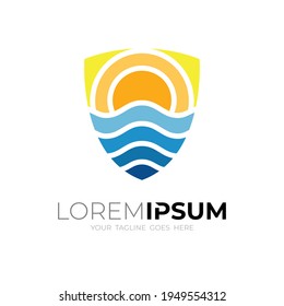 Beach logo and shield design combination, flat style logos