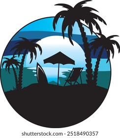 Beach logo is suitable for tourism business and is equipped with coconut tree, surfing and umbrella icon