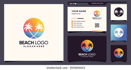 Beach logo with sun and palm tree. icon logo and business card design Premium Vector