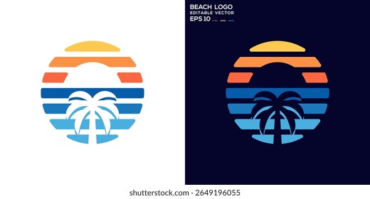 Logo de la playa. Sol, atardecer, playa, palma, olas. Plantilla de ícono de Vector EPS 10.