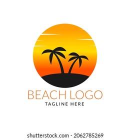 beach logo at sunset. with coconut tree