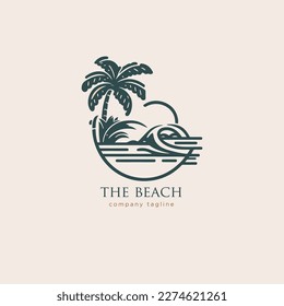 Beach logo template. Palm tree and waves. Vector illustration. Vintage monoline logo style