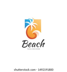 Beach Logo, Water Wave Palm Tree Illustration Icon