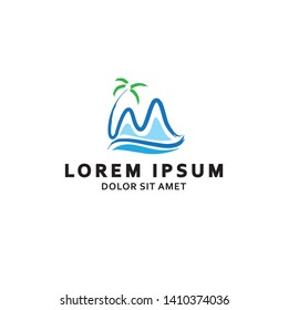 beach logo with wave shape and abstract coconut tree