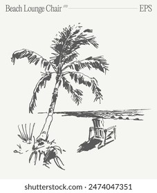 Beach lounge chair on a seashore. Hand drawn vector illustration, sketch.