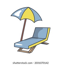 Beach Lounge Chair with Parasol Vector Illustration. Doodle, comic. Vacation, tourism, colored.