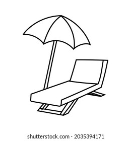 Silla Beach Lounge con contorno vectorial Parasol. Doodle, cómic. Vacaciones, turismo, negro y blanco.