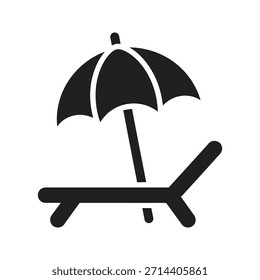 Praia lounge cadeira ícone vetor preto sólido isolado branco fundo guarda-chuva sol relaxar verão férias móveis símbolo design gráfico ilustração