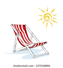 Beach Lounge Chair And Sun. Summer And Relaxation By The Sea. Vector Illustration.