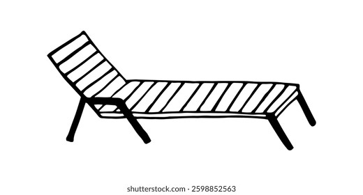 Beach lounger isolated on white background. Abstract summer Vector image of a sun lounger for relaxation at sea. Black and white doodle sketch.