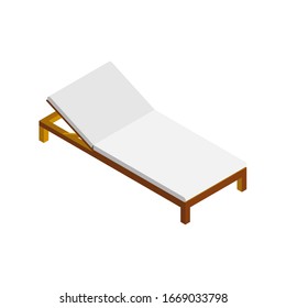 Beach lounger isometric view. White wooden sunbed icon isolated on white background. Seaside pool rest chair. Summer holiday vector illustration