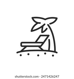 Beach lounger and palm tree on sand, linear style icon. Vacation, summer holiday on the shore. relaxation and leisure. Editable stroke width